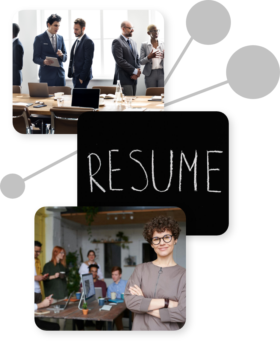 People networking and a slide that says resume